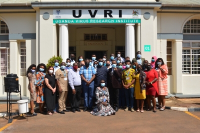 Group photo of WHO staff at UVRI main building